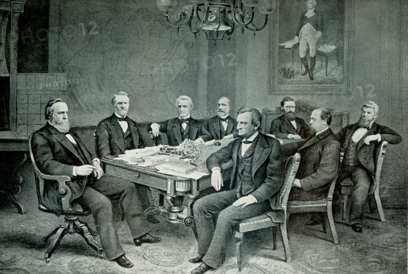 President Hayes and Cabinet.  The figures represnted here are: President Hayes; J Sherman Sect of Treasury; R W Thompson Secty of Navy; C Devens Attorney Genl; Carl Schurz Secty of Interior; D M Key Postmaster Genl; Wm M Evarts Sect of State; geo W McCrary Sect of War. Rutherford Birchard Hayes was an American lawyer and politician who served as the 19th president of the United States from 1877 to 1881, after serving in the U.S. House of Representatives and as governor of Ohio.