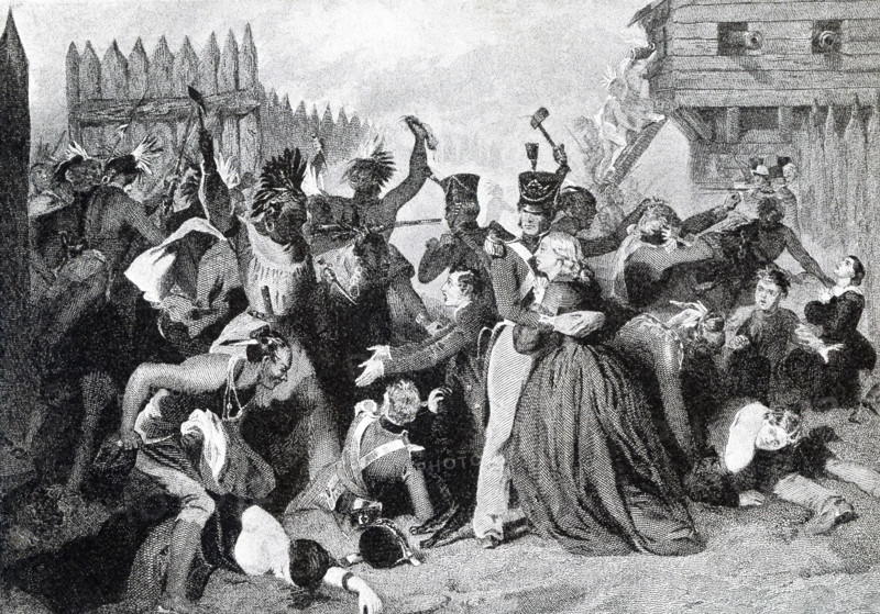 This illustration shows the massacre at Fort Mims (also spelled Mimms) that took place on August 30, 1813. Fort Mims was located some 40 miles north of Mobile, Alabama. The Red Sticks faction of Creek Indians, under Red Eagle, Peter McQueen, and William Weatherford attacked the fort. Major Beasley had heeded warnings and a massacre ensued.