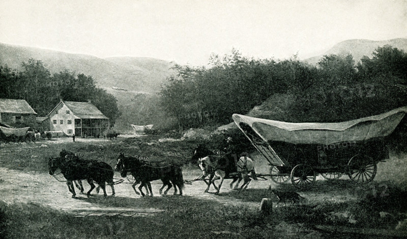Shown here is an early mode of transportation in the United States - the Conestoga Wagon. The Conestoga wagon was a sturdy wagon that was covered. It could carry nearly 12,000 pounds of goods and was built to prevent shifting of those goods on bumpy roads and travel through difficult terrain such as water.