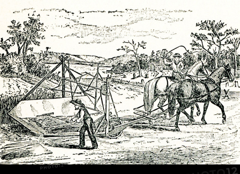Cyrus McCormick of Virginia was the founder of the McCormick Harvesting Machine Company. McCormick built on the reaper designs of his father and is credited as the inventor of the mechanical reaper. His machine—the first one pictured here—was pulled by horses and cut the grain to one side.  One of the first public showings of his reaper was in 1831, but he was granted a patent for his machine in 1834.