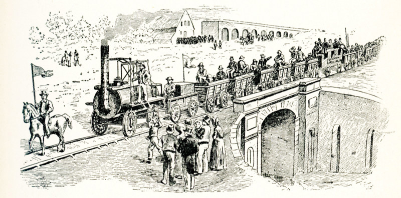 First Train on the Stockton and Darlington Railway - 1825 drawn by Stevenson’s ‘No. 1’. The world's first public railway to use steam locomotives, its first line connected collieries (a coal mine and the buildings and equipment associated with it) near Shildon with Darlington and Stockton-on-Tees in County Durham, and was officially opened on 27 September 1825. Locomotion No. 1 hauled the first train on the Stockton and Darlington Railway, and became the first locomotive to run on a public railway.Locomotion No 1, which was originally named 'Active,' was an early British steam locomotive train. It was built by Robert Stephenson and Company in 1825 for the Stockton and Darlington Railway.