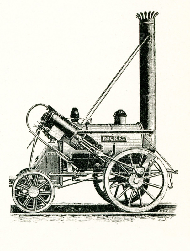 The rocket locomotive built by Robert Stephenson. The 'Rocket,' shown here in this 1901 engraving, was the first modern steam locomotive. It was built in Newcastle, England, in 1829 by George Stephenson, who is known as the 'Father of Railways.'.
