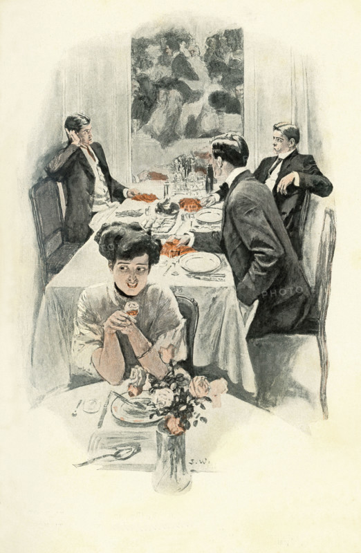 English men and woman sit at table in a restaurant area in the 1890s, the Victorian period. The illustration complemented Anthony Hope's novel 'Sport Royal,' published in England in 1893.
