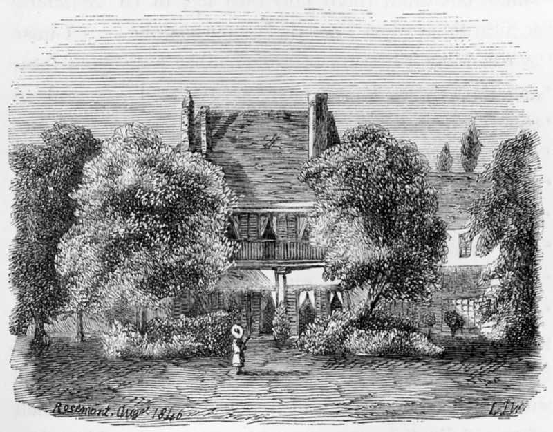The famed English author Charles Dickens traveled with his family to Switzerland in 1846. With him was his wife, six children, and his dog. The home pictured here is the Villa Rosemont, where he stayed in the city of Lausanne. He had a staff of four servants. And he spent five months writing Dombey and Son and working on other material. This drawing is from The Life of Charles Dickens by John Forster, Vol II (1842-1852).