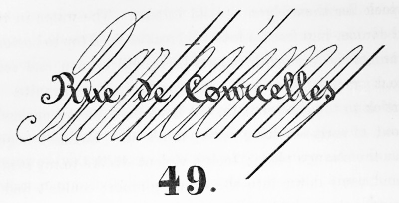 This drawing is from The Life of Charles Dickens by John Forster, Vol II (1842-1852). It shows a calling card left by M. Bathelemy. Forster wrote, 'His name is Bathelemy. He wears a prodigious Spanish cloak, a slouched hat, an immense beard, and long black hair.' The writing on the card he left said: Rue de Corcelles   Bathelemy  49. This was during Dickens'  1845/1846 trip to Paris and France.