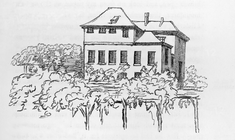 This drawing is from The life of Charles Dickens by John Forster, Vol II (1842-1852). The sketch is of the Villa di Bella Vista, also known as The Bagnerello. The Villa was in Albaro, a suburb of Genoa in northern Italy. The illustration is by Angus Fletcher, a Scottish sculptor and Genoa resident. Dickens lived here with his family from July to September of 1844.