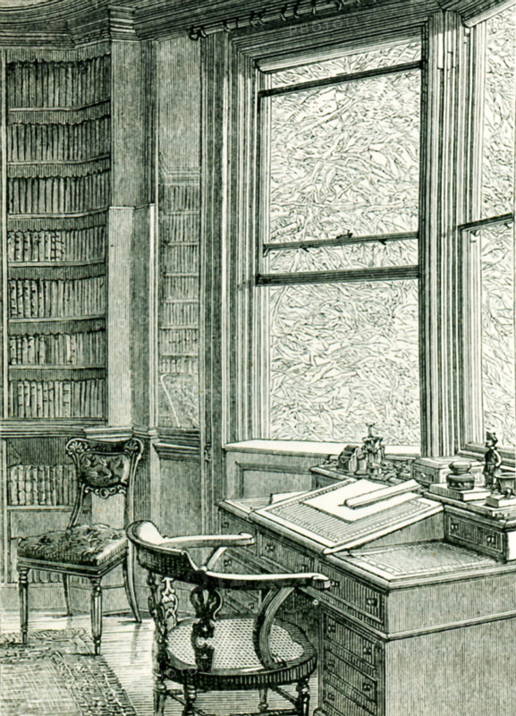 This illustration from John Forster's The Life of Charles dickens shows the study at Gadshill, the mansion in the English country of Kent that was the country home of Charles Dickens. Charles Dickens (1812-1870) is one of the best known and most distinguished English novelists. He lived during the Victorian era. Among his best-known works are: A Christmas Carol, David Copperfield, Great Expectations, Oliver Twist, and A Tale of Two Cities.