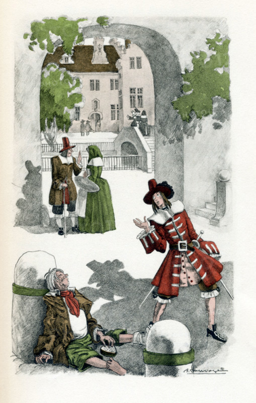 The French writer Voltaire (1694-1778) wrote his satire Candide, a good-hearted young man but one is completely naive. Candide travels the world and encounters many mishaps. His goal is to find security and also to win his love Cunegonde, but she, too, is not so intelligent and is willing to betray to further her own aims. Candide's mentor is Pangloss, who teaches him that this world is the best of all possible worlds and it is that belief that is the target of the novel's satire. This illustration shows Candide after escaping from Bulgarians and being offered help from an honest Dutch, but pessimistic, Anabaptist named Jacques.