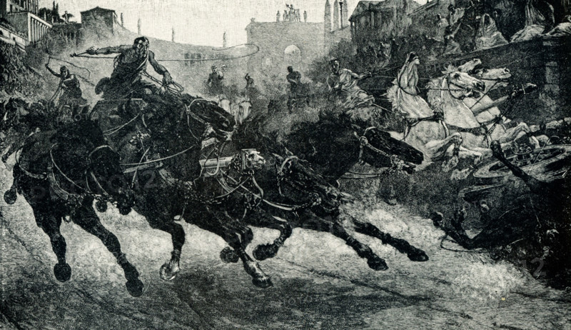 This image shows a chariot race in the Circus Maximus by Ulpiano Fernández-Checa y Sanz (1860 –1916), known as Ulpiano Checa, a Spanish painter, sculptor, poster designer and illustrator. He used both impressionistic and academic techniques, and mainly painted historical subjects. The circus was a specific arena, shaped like a bullet, for the staging of chariot races, the largest of these was the Circus Maximus in Rome.