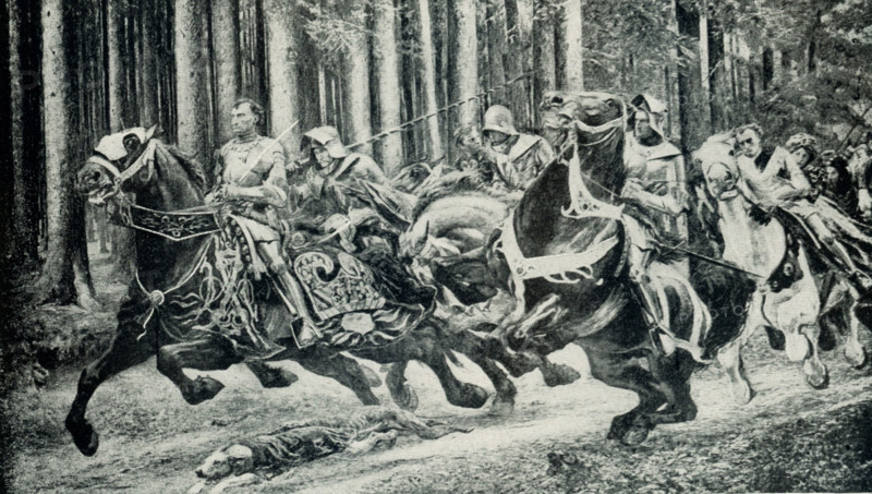 This images the flight of Charles the Bold after the Battle of Morat by E Burnand. The Battle of Morat (or Battle of Murten) was a battle in the Burgundian Wars (1474–77) that was fought on 22 June 1476 between Charles the Bold, the Duke of Burgundy, and a Swiss Confederate army at Morat/Murten, about 18 miles from Bern. The result was a crushing defeat for the Burgundians at the hands of the Swiss. Eugène Burnand (30 August 1850 – 4 February 1921) was a prolific Swiss painter and illustrator from Moudon, Switzerland. Born of prosperous parents who taught him to appreciate art and the countryside, he first trained as an architect but quickly realised his vocation was painting.