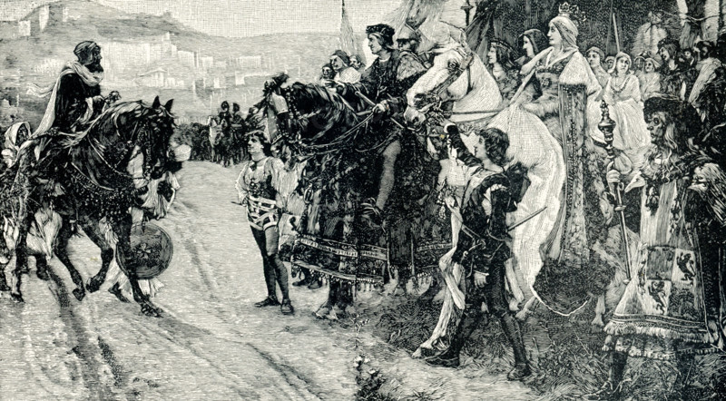 This image shows Boabdil, the last Moor of Granada, surrendering his possessions to Ferdinand and Isabella, a painting by F Pradilla. Boadil (also spelled Boabdil) (died 1538) was the last Moorish king of Granada (in present-day Spain). He ruled from 1482 to 1492, when he defeated by Ferdinand V and Isabella, who were known as the Catholic monarchs. The two were rulers of Castille and Leon from 1474-1504.  Ferdinand was also king oif Aragon, Sicily, and Naples. The two completed the reconquest of Spain from the Moors. After his defeat, Boadil  fled to Morroco. In this illustration, Boadil is shown surrendering to Isabella and Ferdinand. Francisco Pradilla Ortiz (1848-1921) was a prolific Spanish painter famous for creating historical scenes.