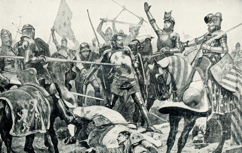 This image shows the capture of King John in Battle of Poitiers by R Catou Woodville. The Battle of Poitiers was fought on September 19, 1356 between England and France. The English won, one of their three major victories in the Hundred Years War. Leading the troops for France was King John and, for England, Edward the Black Prince. Circumstances led to King John's troops being left stranded and Edward was able to encircle him and capture both the king, as shown here, and his men. Richard Caton Woodville Jr. (died 1927) was an English artist and illustrator, who is best known for being one of the most prolific and effective painters of battle scenes in the late 19th and early 20th centuries.