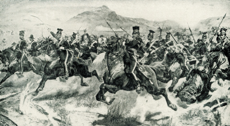 Charge of Light Brigade at Balaklava by R Caton Woodville. Charge of the Light Brigade (October 1854) was a disastrous British cavalry charge against heavily defended Russian troops at the Battle of Balaklava during the Crimean War (1853-56). The suicidal attack was made famous by Alfred, Lord Tennyson in his 1855 poem of the same name. Richard Caton Woodville Jr.(1825-1855) was an English artist and illustrator, who is best known for being one of the most prolific and effective painters of battle scenes in the late 19th and early 20th centuries.