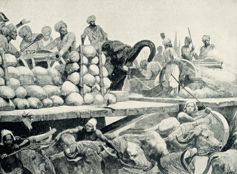 Battle of Plassey - The Nawab's Artillery on its Movable Platform. by R Caton Woodville. The Battle of Plassey was a decisive victory of the British East India Company over a much larger force of the Nawab of Bengal and his French allies on 23 June 1757, under the leadership of Robert Clive. The battle helped the Company seize control of Bengal. Richard Caton Woodville Jr.(1825-1855) was an English artist and illustrator, who is best known for being one of the most prolific and effective painters of battle scenes in the late 19th and early 20th centuries.