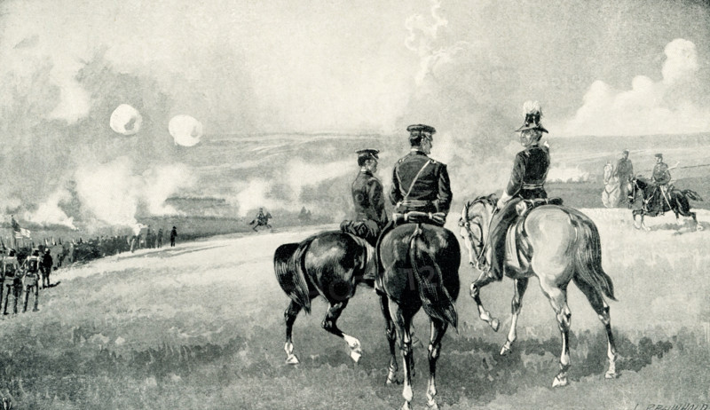 This 1899 illustration shows : Battle of Buena Vista.  On February 23, 1847, more than 15,000 Mexican troops charged General Zachary Taylor's small command of soldiers. Using heavy artillery, the general's 5,000 men turned back the Mexican army led by General Antonio Lopez de Santa Anna. By nightfall, the Mexican army retreated, ending the Battle of Buena Vista that was fought near Monterrey in northern Mexico. The American war with Mexico was not for independence or for political reasons but to obtain more land. General Taylor was just the man to fight that sort of war.