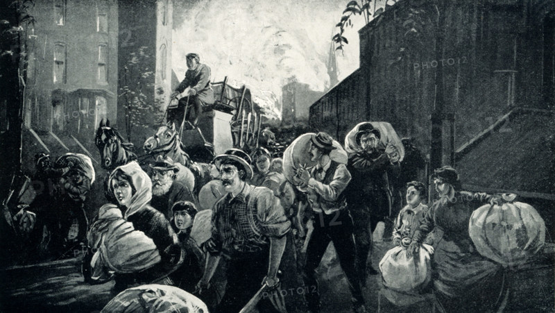 This 1899 illustration shows: “Burning of Chicago - Greatest Fire in History.” The Great Chicago Fire was a conflagration that burned in the American city of Chicago during October 8–10, 1871. The fire killed approximately 300 people, destroyed roughly 3.3 square miles of the city, and left more than 100,000 residents homeless.