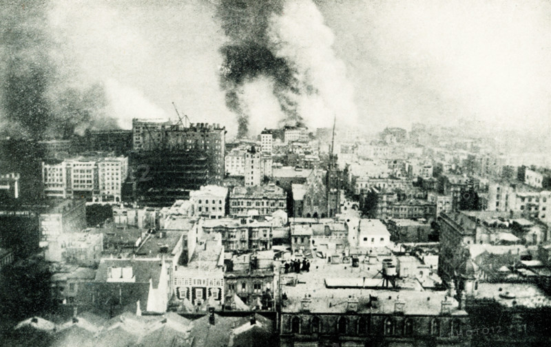 This 1899 illustration shows: “Destruction of San Francisco.” On the morning of April 18, 1906, a massive earthquake shook San Francisco, California. Though the quake lasted less than a minute, its immediate impact was disastrous. The earthquake also ignited several fires around the city that burned for three days and destroyed nearly 500 city blocks.