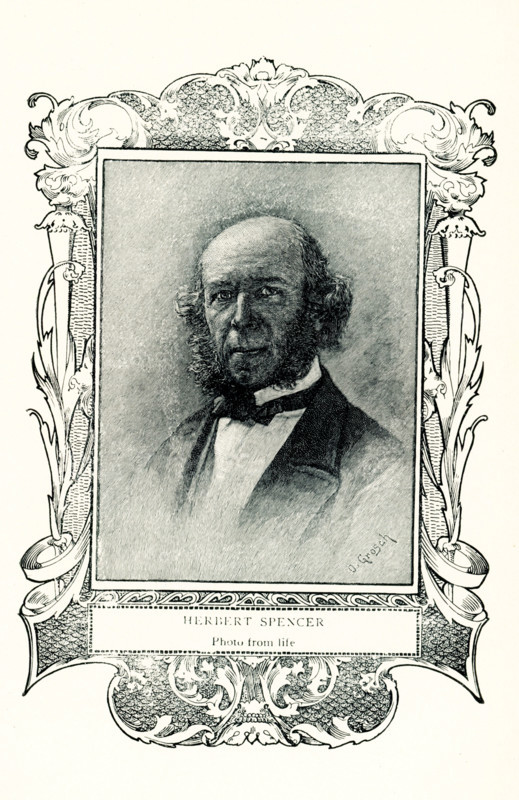 This 1899 illustration shows: “Herbert Spencer - photo from life.”  Herbert Spencer (1820 –1903) was an English philosopher, biologist, anthropologist, and sociologist famous for his hypothesis of social Darwinism whereby superior physical force shapes history.