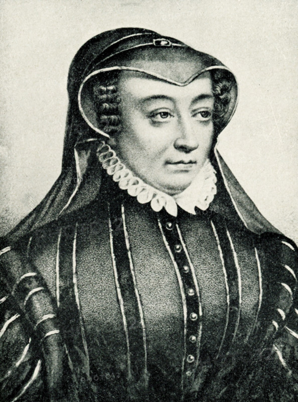 This 1899 illustration shows Catherine de’Medici as painted by the French artist Clouet the Younger (died 1541). Catherine de' Medici was an Italian noblewoman. She also was queen consort of France from 1547 until 1559, by marriage to King Henry II, and mother of kings Francis II, Charles IX and Henry III.