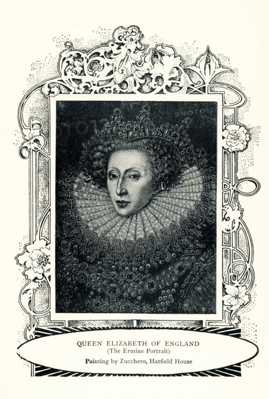 This 1899 illustration shows Queen Elizabeth I of England as painted by Zucchero as derived from the Ditchley portrait of around 1591. It is known as the Ermine Portrait and is housed in Hatfield House. The ermine was the symbol of royalty and here you can see the animal with a gold crown. The queen wears the “Three Brothers’ jewel, a gem made of three diamonds set in a triangle around a pointed diamond.  Federico Zuccaro, also known as Federico Zuccari (died 1609) , was an Italian Mannerist painter and architect, active both in Italy and abroad.