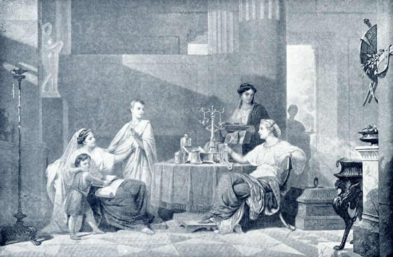 This painting by L. Schopin shows Cornelia and her jewels (her sons). Cornelia was the daughter of the Roman statesman Publius Cornelius Scipio (died 193 B.C.) She was also the mother of Tiberius and Caius Gracchi, both statesmen who fought for more rights for the people. Tradition said that when a noble lady once visited her and bragged about her jewels and asked to see Cornelia's, Cornelia pointed to her sons and said they were her jewels.