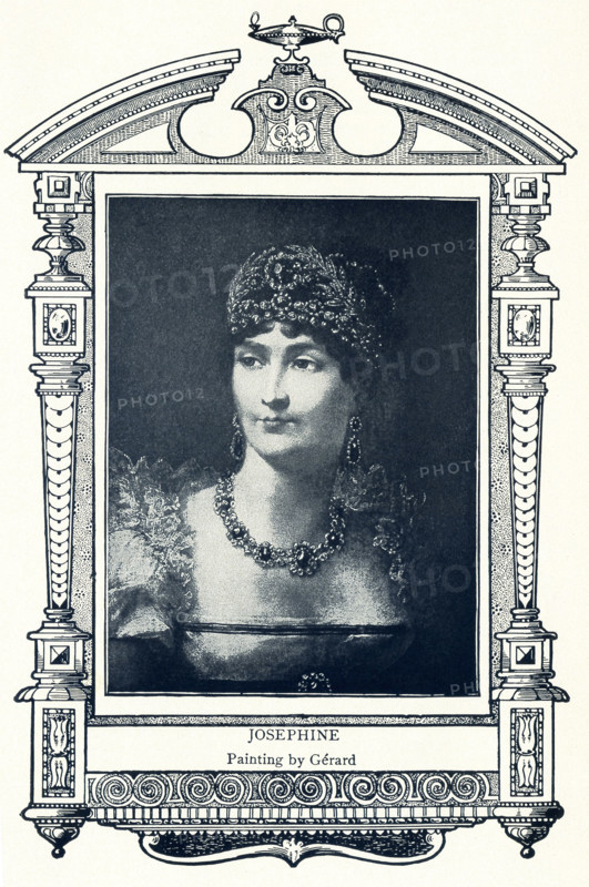 Josephine de Beauharnais (1763-1814) was the first wife of Napoleon I of France (Napoleon Bonaparte). As such, she was the first Empress of France. Her first husband was guillotined during the Reign of Terror. Her children by him married royalty. She had no children with Napoleon. This image of her is after the painting by her contemporary Baron Francois Gerard.