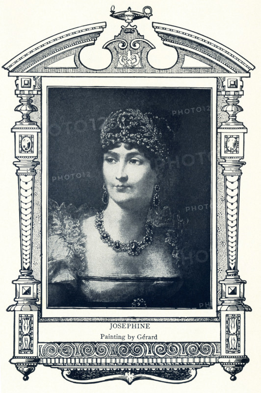 Josephine de Beauharnais (1763-1814) was the first wife of Napoleon I of France (Napoleon Bonaparte). As such, she was the first Empress of France. Her first husband was guillotined during the Reign of Terror. Her children by him married royalty. She had no children with Napoleon. This image of her is after the painting by her contemporary Baron Francois Gerard.