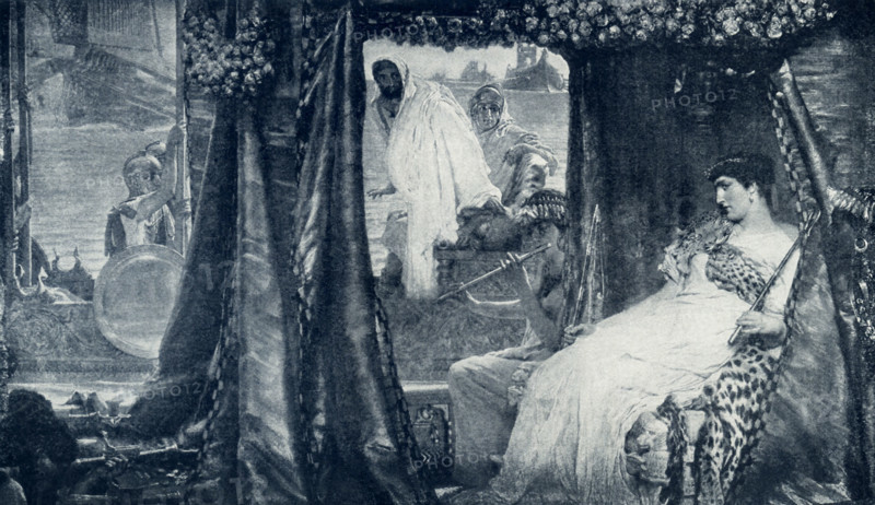 This painting by the Dutch artist Alma-Tadema (1836-1912) shows the meeting of Antony and Cleopatra on the River Cydnus. Ancients told of Mark Antony, one of the top leaders of Roman world in first century B.C. summoning Cleopatra to meet him in Tarsus (in present-day Turkey) in 41 B.C. She delayed for a bit, so it is said, and then sailed up the River Cyndus on a magnificent barge, filled with flowers and scented with perfumes. The scene shown here is when Antony first enters the barge and see Cleopatra.