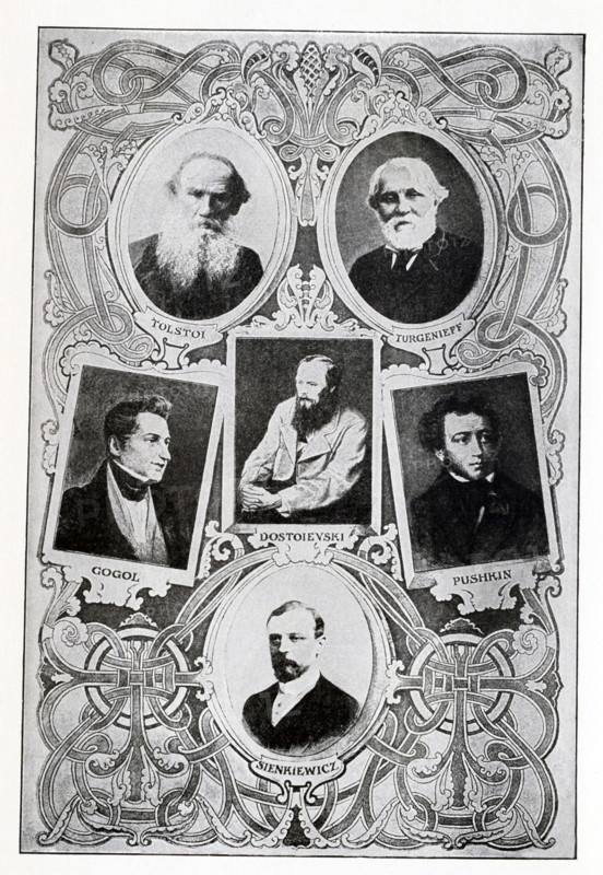 The Russian authors pictured here are, from left to right, top to bottom: Tolstoy (1828-1910), Turgenieff (Turgenev) (1818-1883), Gogol (1908-1852), Dostoevsky (1821-1881), Pushkin (1799-1837), and Sienkiewicz (1846-1916).