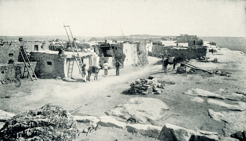 This 1899 image shows an ancient Moqui village that was recently discovered. Hopi refers to a group of the Pueblo, the name given by the Spanish to the sedentary Native Americans who loved in stone or adobe communal houses in what is now the southwestern United States. The Hopi were formerly called Moki or Moqui. They speak the Hopi language. They occupy several mesa villages in northeastern Arizona and in 1990 numbered lose to 12,000.