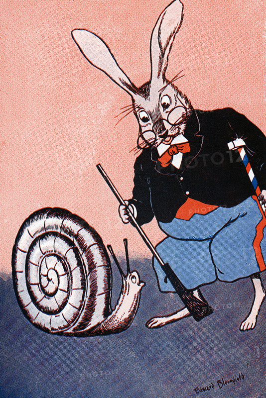 Uncle Wiggily Longears is the main character of a series of children's stories by American author Howard R. Garis (1873-1962). This illustration is from Garis’s “Uncle Wiggily and Alice in Wonderland” and shows Uncle Wiggily and a snail. Uncle Wiggily stories first appeared in the 'News' in 1910, were syndicated in 1915, and continued to be published for more than forty years, at one time appearing in one hundred newspapers. Garis wrote 35 volumes of Uncle Wiggily stories under his own name, as well as numerous other children's books under several pseudonyms. William Edward Bloomfield Starkweather was also a painter, teacher, and writer, known for impressionist landscape, paintings and book illustrations.
