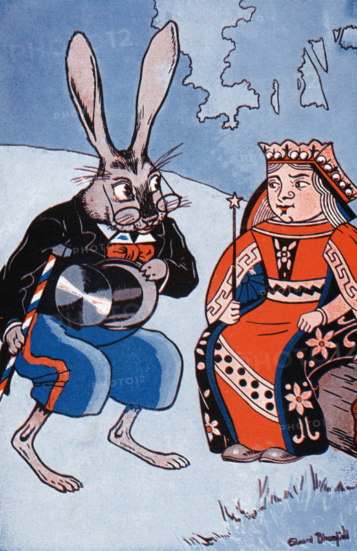 Uncle Wiggily Longears is the main character of a series of children's stories by American author Howard R. Garis (1873-1962). This illustration is from Garis’s “Uncle Wiggily and Alice in Wonderland” and shows Uncle Wiggily and the Red Queen. Uncle Wiggily stories first appeared in the 'News' in 1910, were syndicated in 1915, and continued to be published for more than forty years, at one time appearing in one hundred newspapers. Garis wrote 35 volumes of Uncle Wiggily stories under his own name, as well as numerous other children's books under several pseudonyms. William Edward Bloomfield Starkweather was also a painter, teacher, and writer, known for impressionist landscape, paintings and book illustrations.