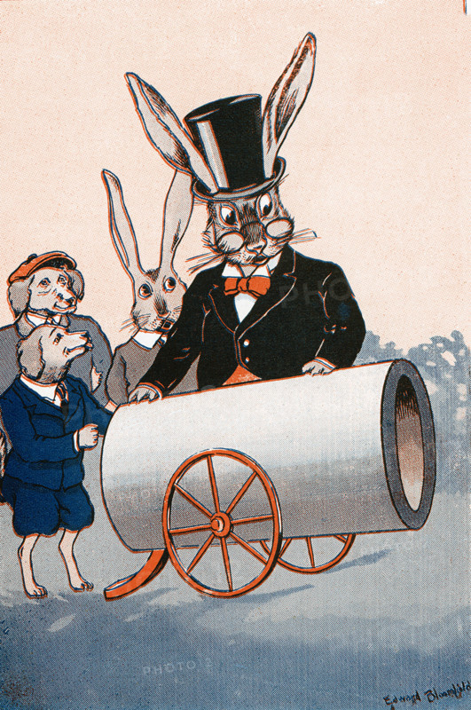 Uncle Wiggily Longears is the main character of a series of children's stories by American author Howard R. Garis (1873-1962). This illustration is from Garis’s “Uncle Wiggily and Alice in Wonderland” and shows Uncle Wiggily and cannon. Uncle Wiggily stories first appeared in the 'News' in 1910, were syndicated in 1915, and continued to be published for more than forty years, at one time appearing in one hundred newspapers. Garis wrote 35 volumes of Uncle Wiggily stories under his own name, as well as numerous other children's books under several pseudonyms. William Edward Bloomfield Starkweather was also a painter, teacher, and writer, known for impressionist landscape, paintings and book illustrations.