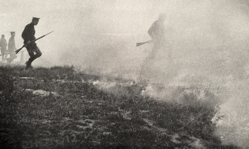 This photo shows Private Peat who fought in World War I. The caption reads: “Behind the Barrage.”  It appeared in Harold R Peat's book 'Private Peat' published in 1917.