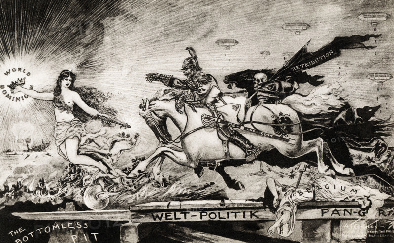 This  1923 illustration oshowsf Rudolf Henneberg's painting 'Lure of Pan Germanism.' The Pan-German movement had coalesced in the 1890s among German critics of imperial timidity, and it had gained substantial influence by the eve of World War I. It urged, among other things, the uniting of all ethnic Germans, regardless of existing state borders; reduction of 'un-German' (Slav, Catholic, Jewish) cultural influence; and creation of 'lebensraum' for Germany by colonial annexation. Rudolf Henneberg was a German painter (1826-1876).