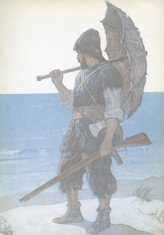 Robinson Crusoe is a novel written by the English novelist Daniel Defoe and published in 1719. A fictional autobiography,  it tells the tale of an English castaway named  Robinson Crusoe (seen walking the shore where he was stranded) who spent 28 years on a remote tropical island near Venezuela before he was rescued.  Newell Convers Wyeth, known as N. C. Wyeth, was an American artist and illustrator. He was the pupil of artist Howard Pyle and became one of America's greatest illustrators.