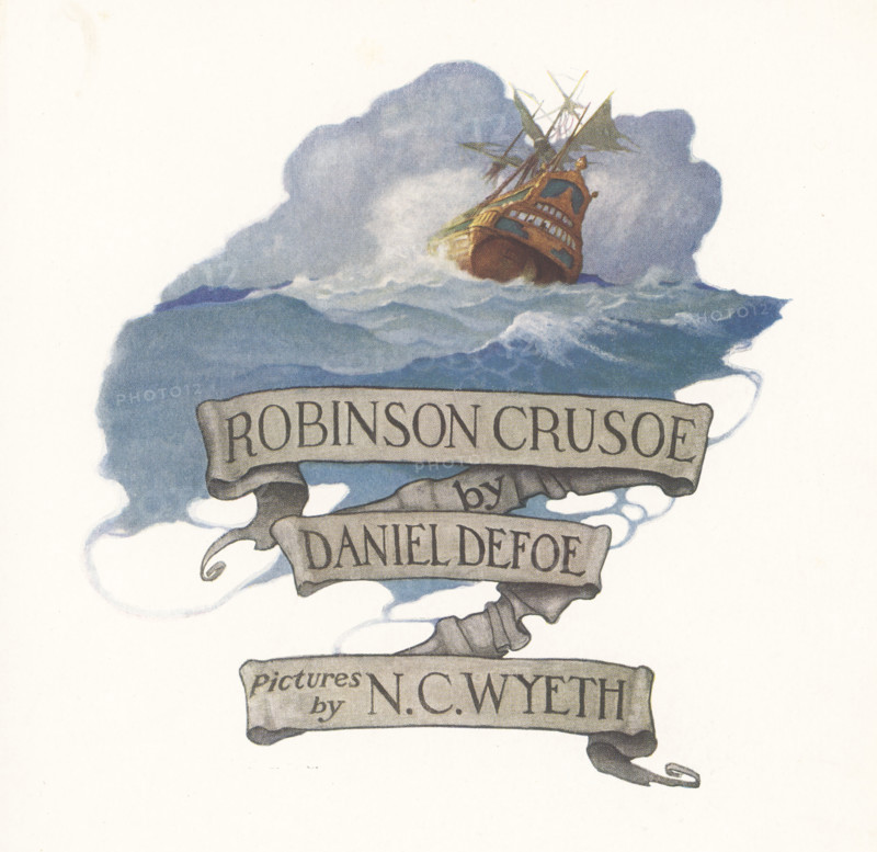 Robinson Crusoe is a novel written by the English novelist Daniel Defoe and published in 1719. A fictional autobiography,  it tells the tale of an English castaway named  Robinson Crusoe (the ship that wrecked is seen here) who spent 28 years on a remote tropical island near Venezuela before he was rescued.  Newell Convers Wyeth, known as N. C. Wyeth, was an American artist and illustrator. He was the pupil of artist Howard Pyle and became one of America's greatest illustrators.