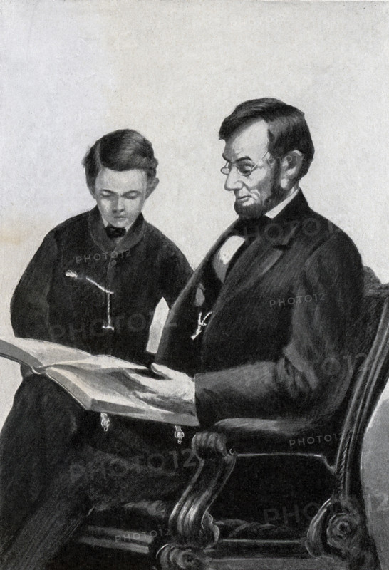 The caption for this image reads: 'Lincoln and his son Thomas known as Tad - fron photograph by Brady.'  Abraham Lincoln was the 16th president of the United States. He served from March 1861 to his assassination on April 15, 1865. He was chosen as the Republican candidate at the Convention in 1860. Lincoln was a lawyer, but before he went to law school, he held a variety of jobs.