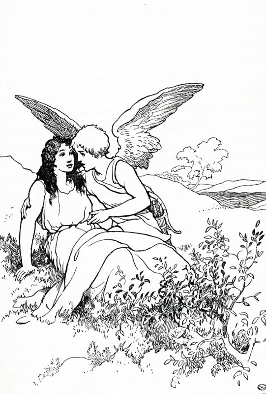 According to Greek and Roman mythology, Cupid (Eros to the Greeks) was the god of love. His mother, Venus (Aphrodite), was jealous of Psyche, a mortal princess, and sent Cupid to shoot her with a love arrow that would make her fall in love with a horrible creature. By accident, Cupid pricked himself as he did so and reversed the effect on Psyche. Venus tried unsuccessfully to keep the two apart. Finally, Cupid and Pysche (seen here together) were allowed to marry, and Psyche was granted  immortality.