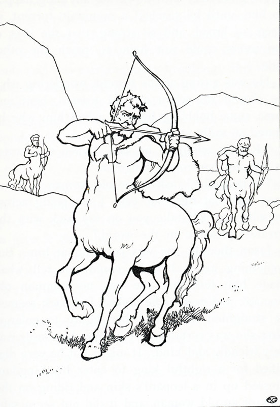 Pictured in this 1915 image is a Centaur. In Greek mythology, the Centaurs were creatures who were half-man and half-horse. Chiron was considered the oldest and wisest Centaur. He was said to have tutored young Jason. Chiron was the son of Cronos.