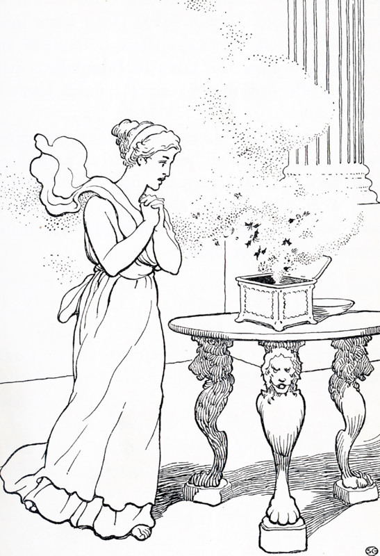 In Greek mythology, Pandora was the first woman on earth. Zeus, the king of gods, sent her as a wife to Prometheus' brother, Epimetheus, with a box that he forbade her to open. She disobeyed and, when she opened it, all the evils afflicting humankind, flew out.