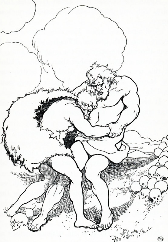 Hercules is the Roman equivalent of the Greek divine hero Heracles, son of Jupiter and the mortal Alcmene. In classical mythology, Hercules is famous for his strength and for his numerous far-ranging adventures. He is most famous for a cycle of twelve labors he did while serving his cousin Eurystheus. Antaeus, known to the Berbers as Anti, was a figure in Berber and Greek mythology. He was famed for his defeat by Heracles as part of the Labours of Hercules. Whenever Antaeus touched the Earth (his mother), his strength was renewed, so that even if thrown to the ground, he was invincible. Heracles, in combat with him (seen here in this 1915 illustration), discovered the source of his strength and, lifting him up from Earth, crushed him to death.