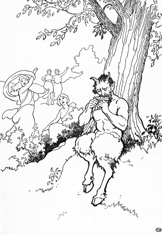 In ancient Greek religion and mythology, Pan is the god of the wild, shepherds and flocks, nature of mountain wilds, rustic music and impromptus, and companion of the nymphs. He has the hindquarters, legs, and horns of a goat, in the same manner as a faun or satyr.