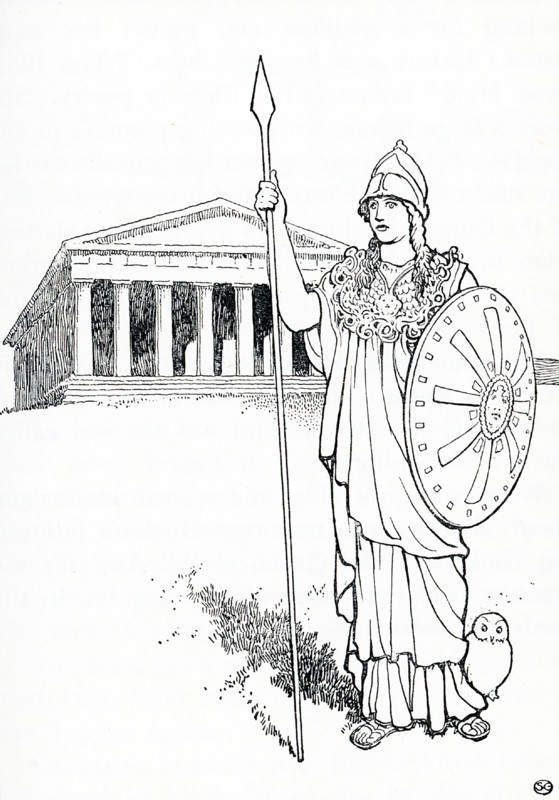 In Greek and Roman mythology, Athena, also spelled Athene, was the Olympian goddess of wisdom and good counsel, war, the defense of towns, heroic endeavor, weaving, pottery and various other crafts. Her symbol was the owl. She was depicted as a stately woman armed with a shield and spear, and wearing a long robe, crested helm, and the famed aigis—a snake-trimmed cape adorned with the monstrous visage of the Gorgon Medusa.
