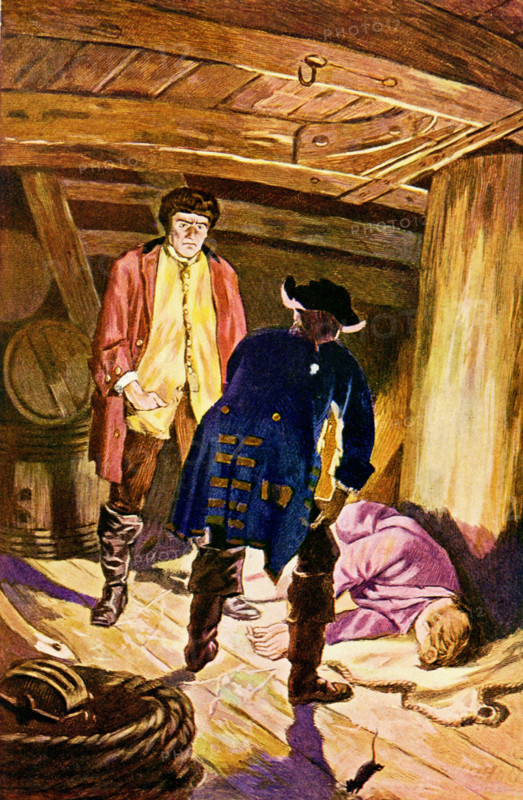 This illustration shows Hoseason turning on another. It is from Kidnapped, a historical fiction adventure novel by Scottish author Robert Louis Stevenson, written as a boys' novel and first published in the magazine Young Folks from May to July 1886. The captain of the ship Covenant. Hoseason abducts the main character, David Balfour, onto his ship on the orders of David's uncle Ebenezer, and later tries to kill David and Alan Breck Stewart. He is shipwrecked after the Covenant founders on the Torran Rocks.