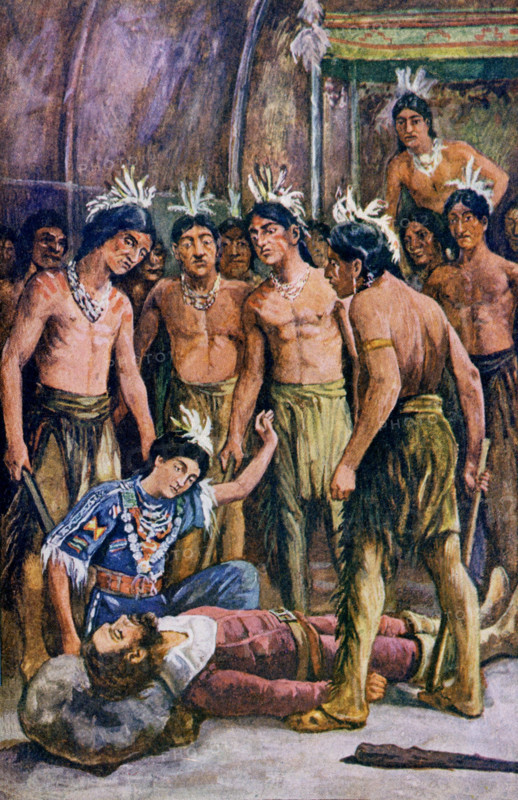 The caption for this 1902 illustration reads: ‘Pocahontas darted forward and thus prevented my death - from Captain John Smith's Narrative.’ English Captain John Smith guided the colonists through difficult times in the Jamestown settlement of 1607. Tradition (not authenticated) says that Pocahontas saved him from death at the hands of Native Americans. Pocahontas, c. 1595–1617, was the daughter of American Indian chief Powhatan. She married John Rolfe, an English colonist in Virginia.