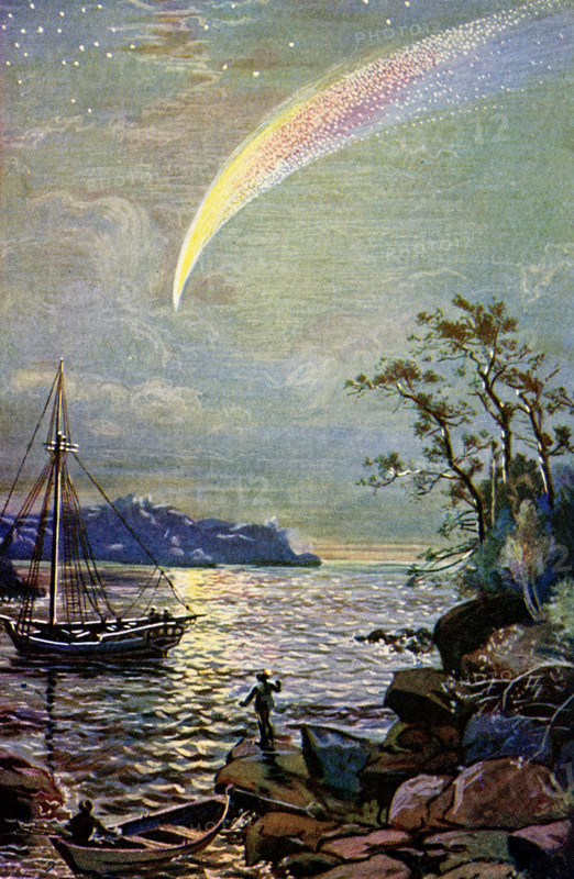 This illustration of a comet dates to 1902. Comets are cosmic snowballs of frozen gases, rock, and dust that orbit the Sun. When frozen, they are the size of a small town.