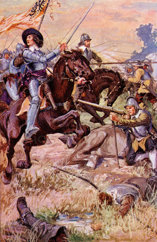 The caption on this 1902 illustration reads: Prince Rupert feel on with such fury-Battle of Edgehill. It is from Memoirs of a Cavalier by Daniel Defoe. Memoirs of a Cavalier is a work of historical fiction by Daniel Defoe, set during the Thirty Years' War and the English Civil Wars. The full title, which bore no date, was: Memoirs of a Cavalier; or A Military Journal of the Wars in Germany, and the Wars in England from the Years 1632 to 1648. Daniel Defoe was an English trader, writer, journalist, pamphleteer and spy. He is most famous for his novel Robinson Crusoe, published in 1719, which is claimed to be second only to the Bible in its number of translations.