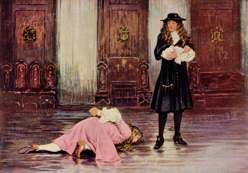 The caption for this 1902 illustration reads: Duke of Monmouth craving pardon of King James.It is from The Defeat of Duke of Monmouth from Lorna Doone by R D Blackmore. A Romance of Exmoor is a novel by English author Richard Doddridge Blackmore, published in 1869. It is a romance based on a group of historical characters and set in the late 17th century in Devon and Somerset, particularly around the East Lyn Valley area of Exmoor. Richard Doddridge Blackmore, known as R. D. Blackmore, was one of the most famous English novelists of the second half of the nineteenth century.