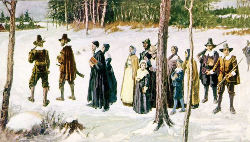 The caption for this illustration dating to 1902 reads: “From that Heroic yet Feeble Folk”-settlement of America. Here are members of an early English colony in New England. In American history, the Pilgrims were the founders of Plymouth Colony in Massachusetts. The key members of the group were English separatists who had moved to Holland in 1607-08. They obtained a charter from London Co. and, with the help of London merchants, sailed on the Mayflower in 16.